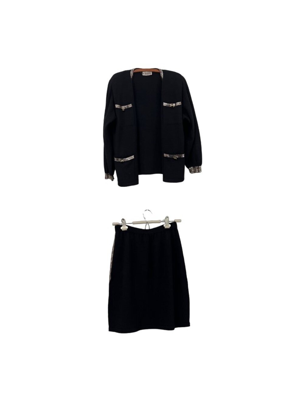 St John Black Gold Studded Santana Knit Open Cardigan Skirt Set Size 6